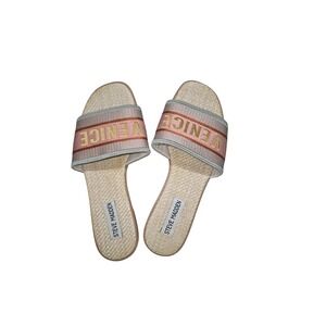 Steve Madden Venice Slide Sandals Pink Tan Striped Embroidered Flat Slides Women